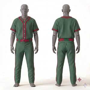 Ensemble uniforme de baseball personnalisé pour homme – Maillot et pantalon rayés vert et blanc, fermeture boutonnée, respirant, coupe régulière, toutes saisons - Product Image 1