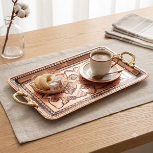 Plateau rectangulaire en cuivre gravé avec poignées en laiton, motif floral traditionnel, plateau de service décoratif pour hôtel et décoration intérieure - Product Image 4