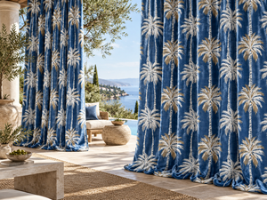 Panneaux de rideaux occultants en velours bleu imprimé palmiers, style méditerranéen, pour fenêtres - Product Image 1