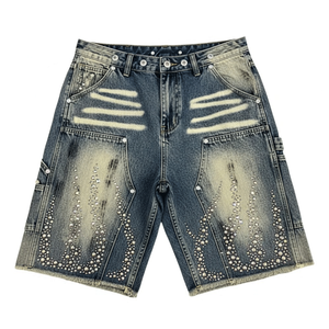 2026 New Arrival <b>Men's</b> Vintage Rhinestone Baggy Denim Shorts Distressed Hand-<b>Studded</b> Y2K Streetwear Casual Summer Jeans - Product Image 1