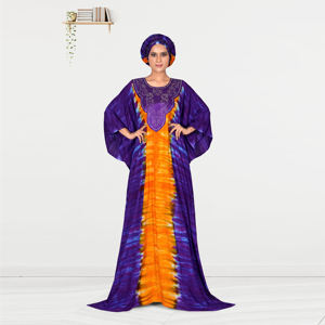 Kaftan Farasha en rayonne avec motif abstrait artistique, encolure avant ornée, manches chauve-souris spectaculaires et longueur au sol élégante - Product Image 2