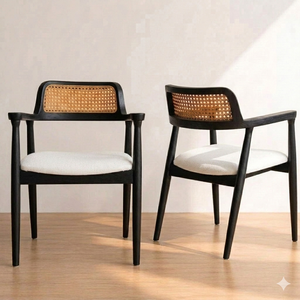 Modern Midcentury Wood Dining <b>Chair</b> with <b>Cane</b> Backrest Upholstered Linen Seat for Home Furniture - Product Image 3