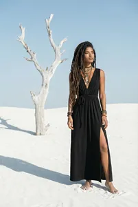 Wholesale Women’s Black Maxi <b>Dress</b> Deep V Neck Sleeveless High Slit <b>Boho</b> Long <b>Dress</b> <b>Summer</b> Beachwear Clothing - Product Image 4