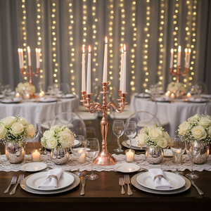 Candélabre en or rose pour décoration de sol, finition brillante, centre de table fait main, porte-bougie à 5 bras, candélabre de luxe - Product Image 2