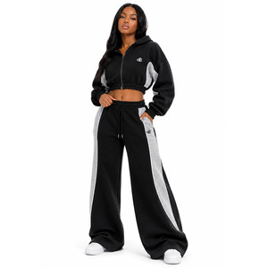 Survêtement en molleton de coton épais personnalisé OEM, comprenant un sweat à capuche court zippé noir et gris contrastant et un pantalon de survêtement oversize à jambes larges - Product Image 1