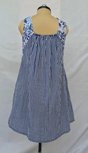 Blue <b>White</b> Floral Stripe Kaftan Gown Bandeau Neck Loose Fit Regular Fit Long <b>Maxi</b> Casual Summer Wear Simple Woven 1 Piece - Product Image 3