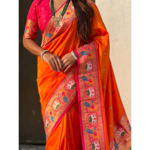 Sari en soie douce orange Swan Rajhans Paithani, vêtements indiens et pakistanais - Product Image 2