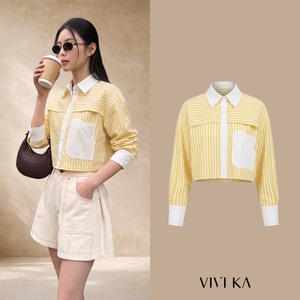VIVIKA Chemise courte rayée jaune pour femme, manches longues, col blanc contrastant, poche plaquée, haut décontracté boutonné KYLE - Product Image 1