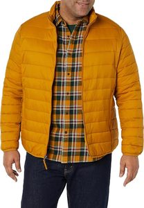 Men's Mustard <b>Yellow</b> <b>Puffer</b> <b>Jacket</b> Stand Collar Zipper Closure Windproof Casual Polyester Wadding Autumn Regular Fit - Product Image 6