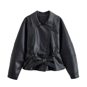Women's Slim Fit Black PU Leather <b>Bomber</b> <b>Jacket</b> Windproof Turn-Down Collar Zipper Closure Regular Sleeve <b>Vintage</b> Autumn Front - Product Image 1