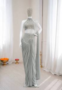 Conjunto de Sari de Seda Bordado en Verde Grisáceo para Mujer, Blusa con Cuello Halter, Largo hasta el Suelo, Traje Indio Pakistaní para Fiesta o Boda - Product Image 2