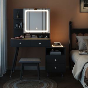 Solid Wood <b>Makeup</b> Vanities 4 Drawers 2 Layer Shelf <b>Mirror</b> Cabinet-Pitted Particle Board Melamine Paste Copper Sheath Decoration - Product Image 2