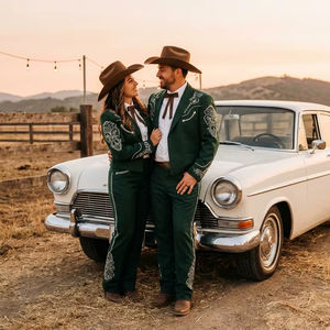 Conjunto de Traje Occidental Bordado Verde Oscuro para Parejas, Blazer y Pantalones de Diseñador para Bodas, Compromisos y Eventos - Product Image 1