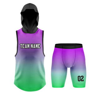 Ensemble de maillot de basket personnalisé sublimé bleu-jaune dégradé avec short et débardeur à capuche, impression du nom de l'équipe, évacuation de l'humidité, vente en gros - Product Image 4
