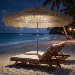 Ombrellone da Patio Tiki in Paglia Khaki da 2,7 m con Luce Solare a LED, Manovella per Inclinazione, Protezione UPF30+ e Base Inclusa - Product Image 2