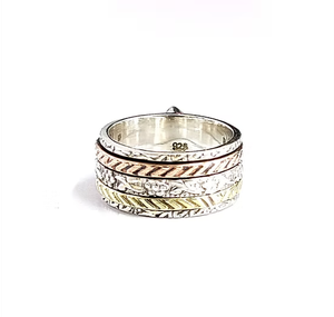 Handmade <b>Silver</b> 925 Pear Shaped Labradorite Spinner <b>Ring</b> - <b>Boho</b> Textured Multi Band Statement Fidget Jewelry - Product Image 4
