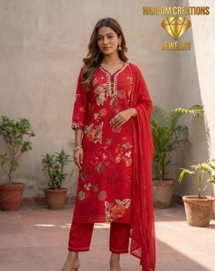 Ensemble de costume Kurta traditionnel pour femmes, en coton noir brodé, manches trois quarts, style bohème, col rond, été - Product Image 2