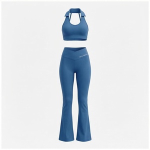 North Approach 2 Piece Yoga Set Halter Neck Flared Leg High Waist Solid Blue Breathable Sportswear - Product Image 1
