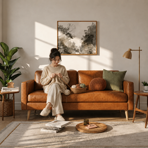 Midcentury Modern Genuine Leather Two Seat <b>Sofa</b> Tight Back Straight Arm Wood Legs Living Room Furniture Leather <b>Sofa</b> - Product Image 4