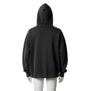 Sweat-shirts à capuche pour hommes, sans poche, effet délavé au soleil, bord coupé, lavage à l'acide personnalisé, ourlet brut, appliqué, patchs brodés, effet usé - Product Image 2