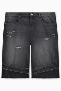 Pantalones cortos vaqueros anchos para hombre, estilo vintage, negros desgastados, con efecto degradado, rasgados, estilo urbano, holgados - Product Image 5