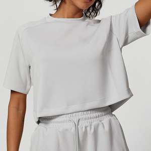 Conjunto Deportivo Casual de Dos Piezas para Mujer, Ecológico, Manga Corta, Pantalones Cortos con Cordón, Bolsillos, Transpirable, Color Sólido, Cintura Media - Product Image 3