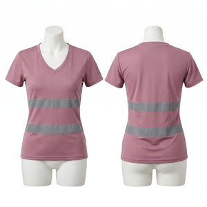 T-shirt de travail pour femme 180 GSM en polyester interlock premium, panneaux réfléchissants roses sur la poitrine et la taille, logo personnalisé par sublimation - Product Image 1