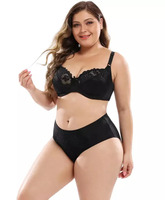 Set Bra Seksi Wanita Ukuran Besar Warna Hitam Berenda dengan Rivet, Push-Up, Kawat Penyangga, Bantalan Dapat Dilepas, Kontrol Perut, Celana Dalam Dukungan Sedang, Model Low-Rise Rajutan