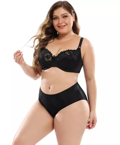 Women Plus Size Black Lace Rivet <b>Bra</b> <b>Set</b> Push-Up Underwire with Control Panties Medium Support Low-Rise Lingerie Seamless Fit - Product Image 1