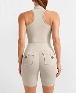 Mono de yoga ligero sin mangas de cintura alta para mujer con bolsillos, color liso, control de abdomen, estilo utilitario, 180 g - Product Image 3