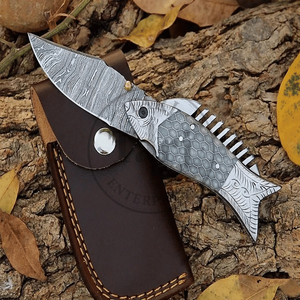 High Quality Damascus Folding Knife Fish Design Pocket Knife Custom Handle Handmade EDC Utility Knife <b>Drop</b> Point 3-Year Warranty - Product Image 3