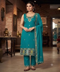 Salwar Kameez en coton pour femmes, vert turquoise, brodé, col carré, sans manches, élégant, à porter au quotidien, style Inde Pakistan, EAGLE 85877 - Product Image 1