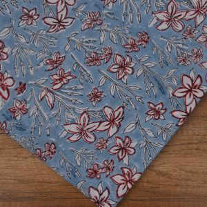 Traditional Breathable Lightweight Sky Blue Red Floral Hand Block Printed 100% Cotton <b>Fabric</b> White Leaf Stem Design for Fashion - Product Image 4