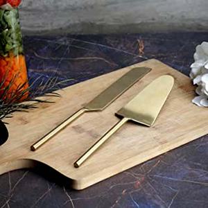 Cuchillo y servidor de pastel con mango redondo de bambú de madera, juego de servir de acero inoxidable, increíble nuevo diseño, hoja chapada en oro, Color personalizado - Product Image 4