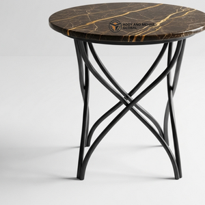 Taburete de Lujo con Tapa Redonda de Mármol Oscuro y Patas Curvas de Metal Negro, Mesa Auxiliar Decorativa Moderna para Hotel y Hogar - Product Image 5