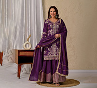 Hermoso Traje Sharara de Seda Ajustado con Bordado de Secuencia Codificada, Conjunto Indio de 3 Piezas Salwar Kameez (Top, Pantalón y Dupatta) para Invierno/Verano