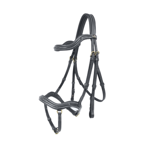 Bridon de cheval en cuir noir avec surpiqûres blanches et ferrures en laiton - Product Image 1