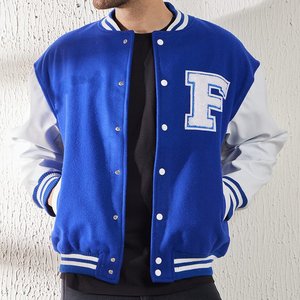 Men's Blue Varsity <b>Jacket</b> With White Letter F Embroidery Preppy Style Regular Fit Single Breasted Turn-down <b>Collar</b> Autumn Wear - Product Image 1