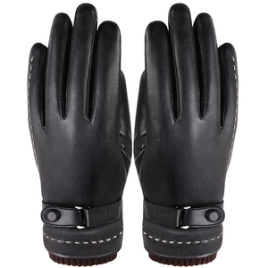 Unisex Black Leather Full Finger Fashion <b>Gloves</b> with Button Closure <b>Touchscreen</b> Compatible Winter Outdoor Use - Product Image 4