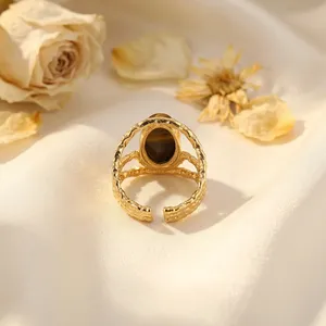 Natural Black <b>Tiger</b> <b>Eye</b> Oval Stone <b>Ring</b> Solid Brass 18k Gold Plated Three Layer Trendy Adjustable Wholesale Stylish Fashion <b>Ring</b> - Product Image 5