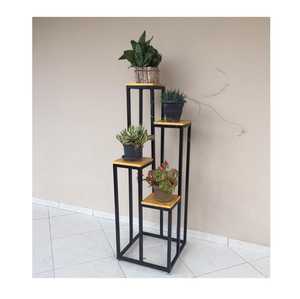 Supports à fleurs modernes en métal avec étagères en bois, design carré, présentoir pour plantes d'intérieur, style minimaliste, finition thermolaquée - Product Image 1