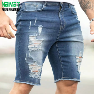 Pantalones Cortos de Mezclilla Azules Premium para Hombre, Ajustados, con Efecto Desgastado, hasta la Rodilla, con Bajo Deshilachado, de Algodón, para Uso Diario Informal de Verano - Product Image 1