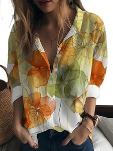 Camisa Western de Mujer con Estampado Floral, Cuello con Botones y Mangas Largas Enrolladas, Corte Holgado - Product Image 3