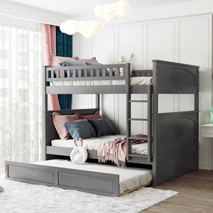 Letto a castello matrimoniale in legno di pino con letto estraibile singolo e sponde di protezione grigio spazzolato LP000044AAN Letti per bambini - Product Image 1