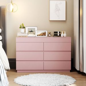 Commode rose gaufrée ZSH012 P2 en panneaux de particules de 12 mm avec six tiroirs et miroir 120*40*85.5cm, finition mélaminée - Product Image 5