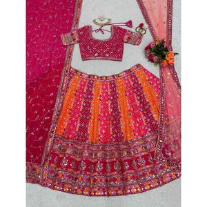 TENDANCE GEORHETTE DIGITAL PRINT THREAD SEQUENCE WORK LEHENGA CHOLI AVEC DEUX DUPATTA ROSE - Product Image 6