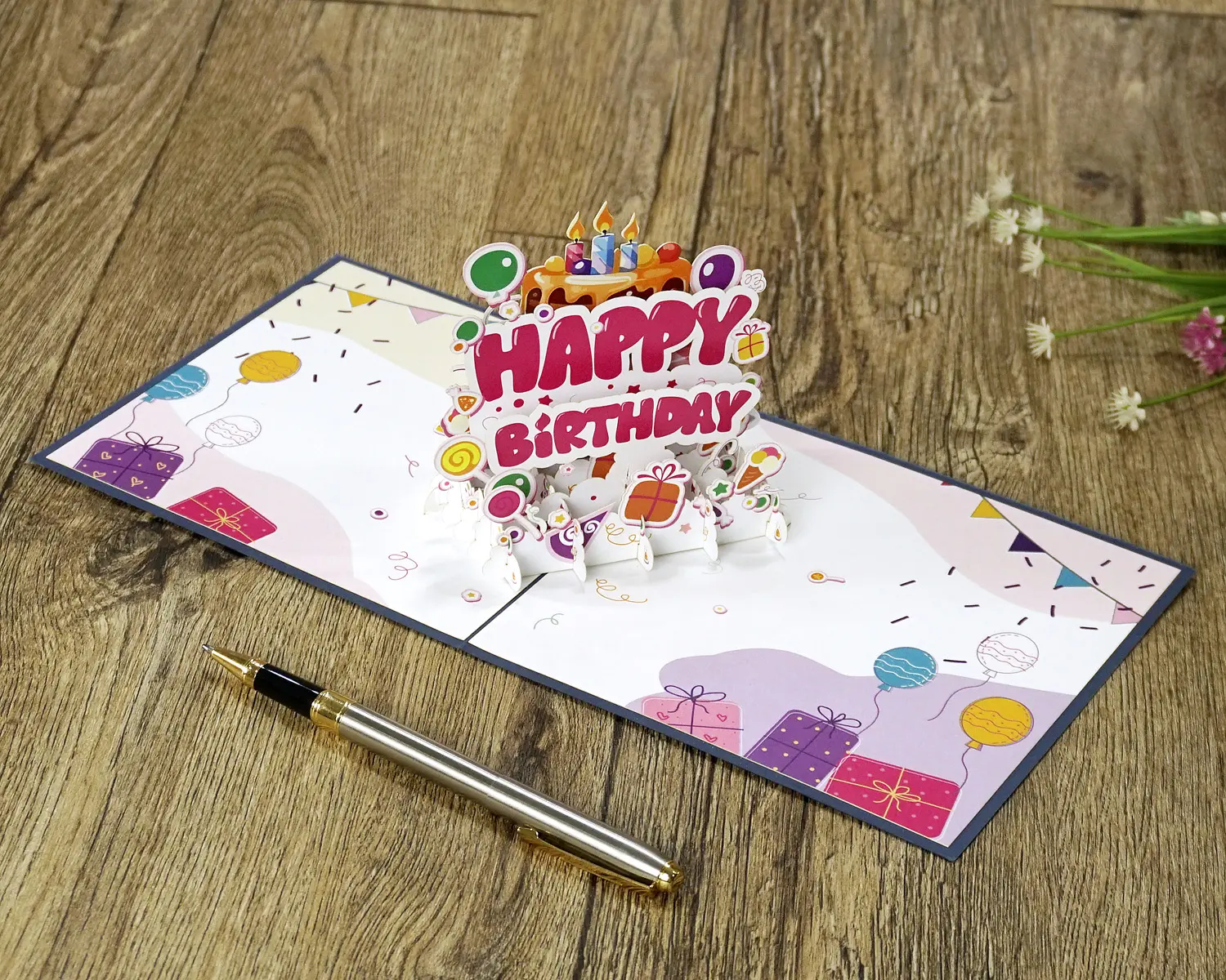 Tarjetas emergentes 3D de feliz cumpleaños personalizadas para saludar al cliente o socio de negocios