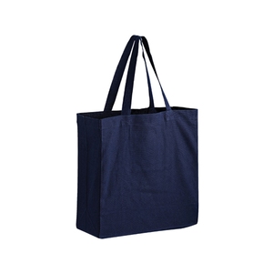 Bolsa de tela de algodón teñida lisa con diseño de bloques de color azul y naranja, asas negras, estilo tejido ecológico. - Product Image 5