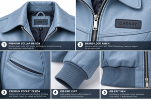 Blouson Bomber en Cuir Véritable Bleu Ardoise pour Femme, Col Étendu, Bordure Côtelée, Fermeture Éclair, Vêtement d'Extérieur Décontracté pour Femme, Fabricant - Product Image 6