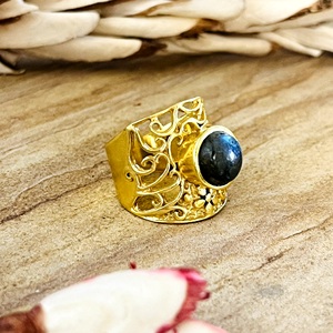 Latest Design Boho Gemstone <b>Ring</b> Vintage Brass <b>Rings</b> Women 18k Gold Plated Filigree Wide Band <b>Statement</b> for Wholesale/OEM/ODM - Product Image 4